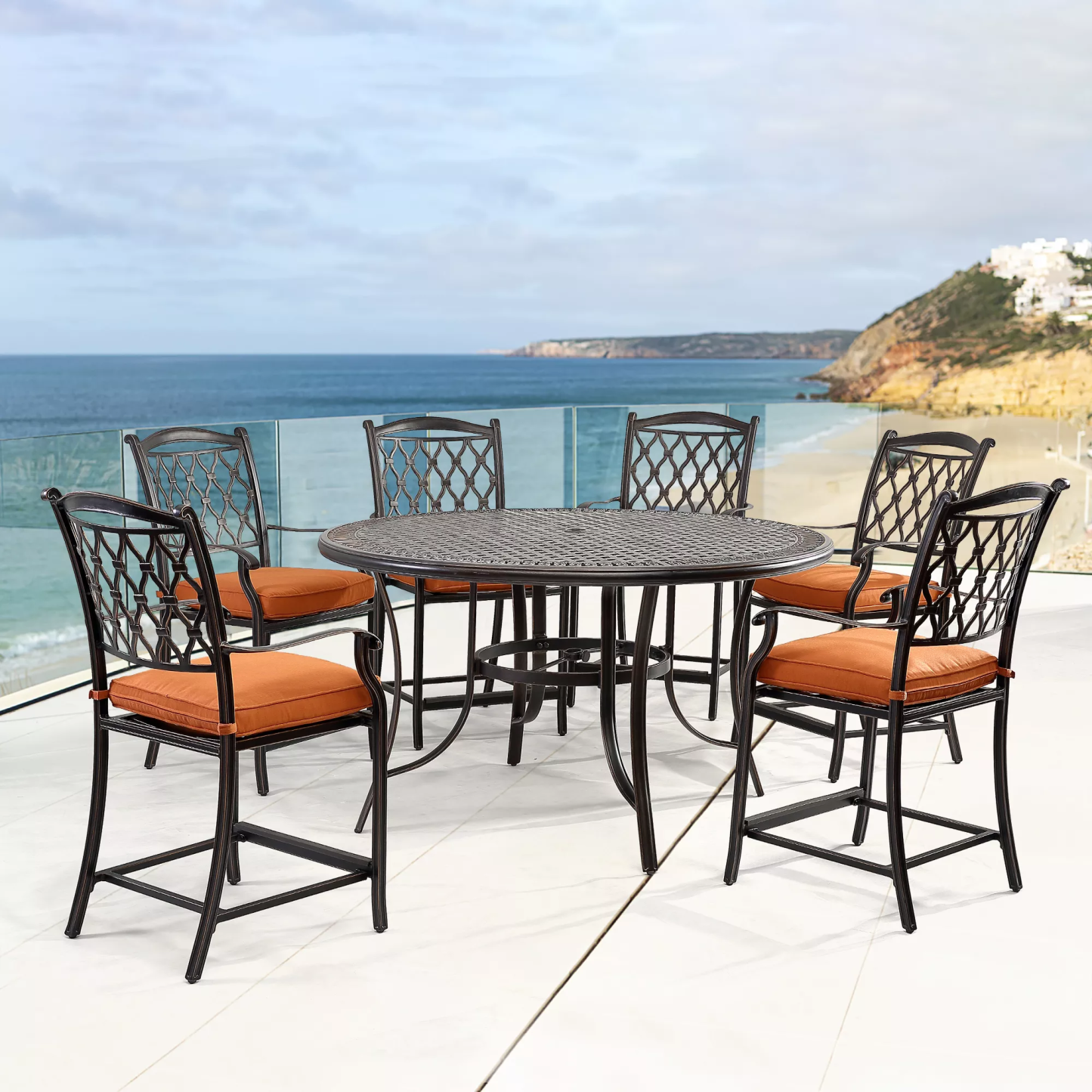 Mondawe 7Pcs Cast Aluminum Dining Bar Set with Round Table and Diamond-Mesh Curved Backrest Dining Chairs in Beige/Orange-Mondawe