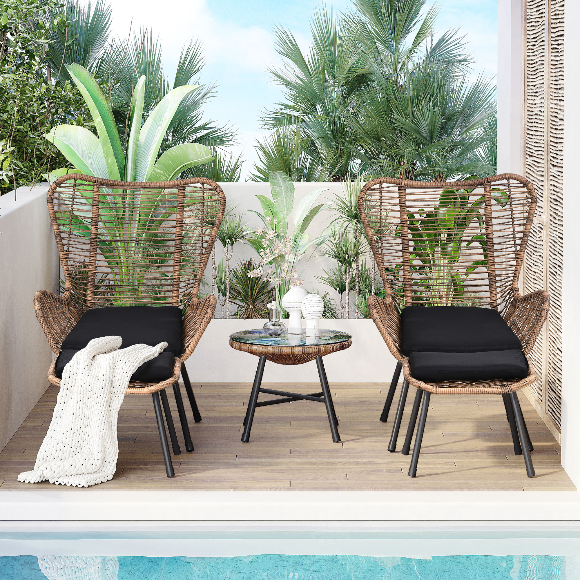 Mondawe Outdoor Patio 5 Pcs Rattan Conversation Set PE Wicker Arm Chairs with Stools and Tempered Glass Tea Table for Balcony Natural Rattan+Dark Gray-Mondawe