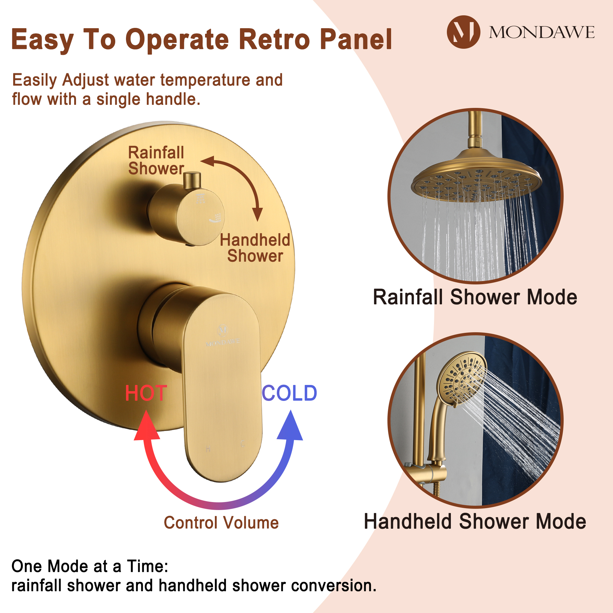 Mondawe Retro Series 2-Spray Patterns with 1.8 GPM 8 in. Rain Wall Mount Dual Shower Heads with Handheld and Spout in Brushed Nickel/ Black/ Bronze/Brushed Gold-Mondawe