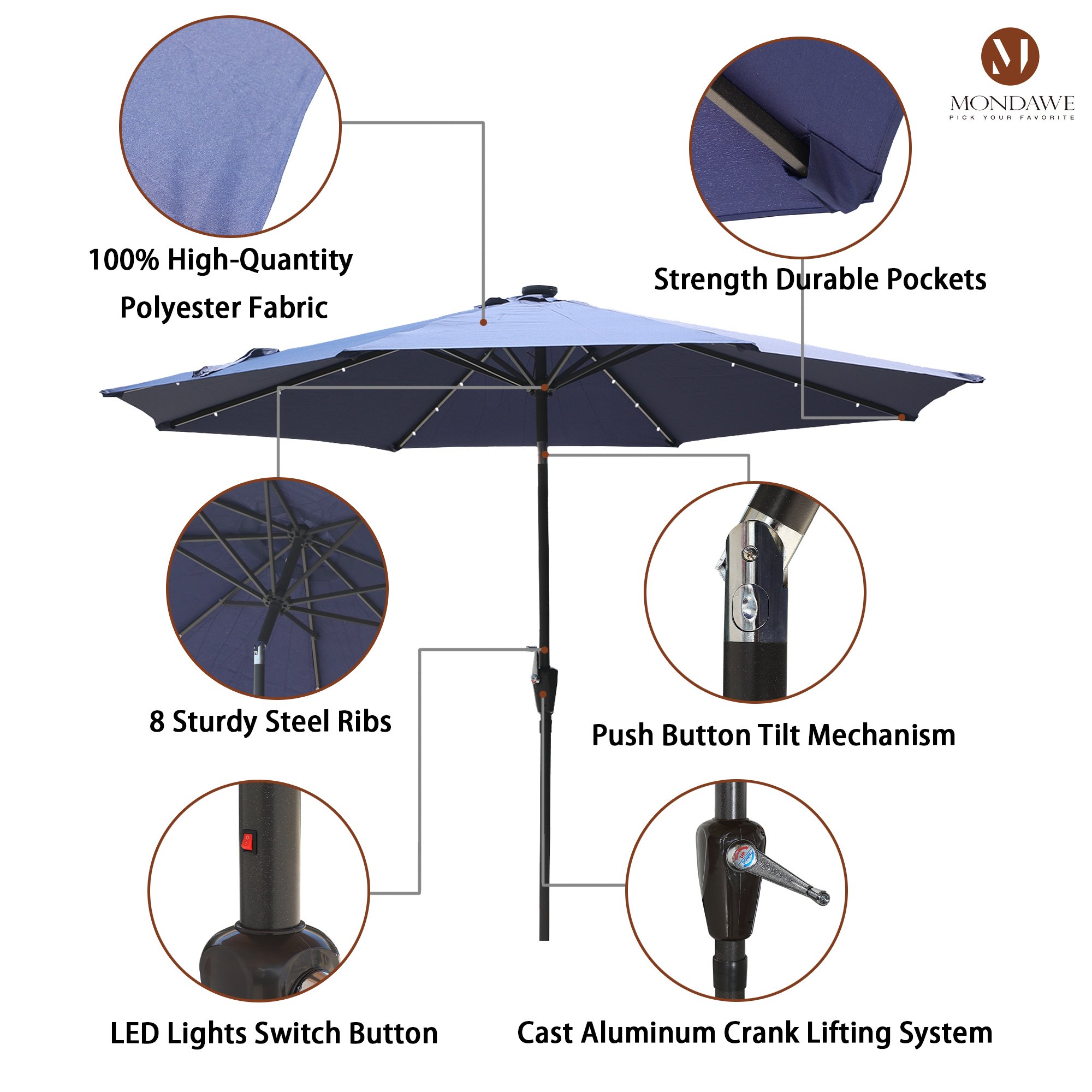10-ft Patio Market Umbrella with LED Lights-Mondawe
