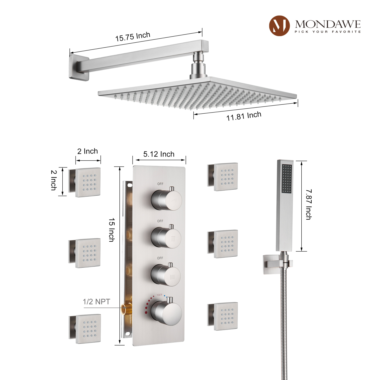 Mondawe Luxury Wall Mount Rain Shower Head with 6 Shower Jet and LED 3-Spray Patterns Thermostatic 12 in. -Mondawe