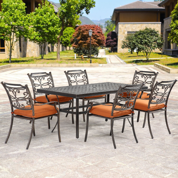 Mondawe 7Pcs Cast Aluminum Dining Set with Rectangle Table and Flower-Shaped Backrest Dining Chairs in Orange/Beige-Mondawe