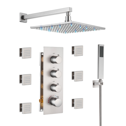 BN-Mondawe Luxury Wall Mount Rain Shower Head with 6 Shower Jet and LED 3-Spray Patterns Thermostatic 12 in. -Mondawe