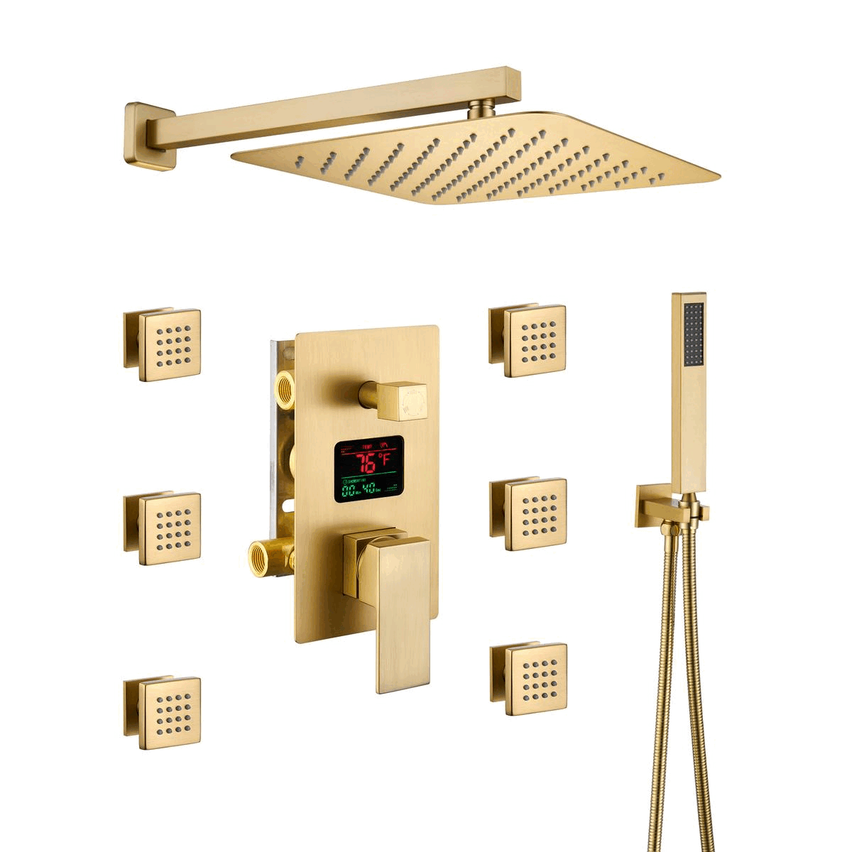 The Digital Display Rain Shower System is available in three stunning finish colors: Black, Brush Gold, and Nickel Brush. 