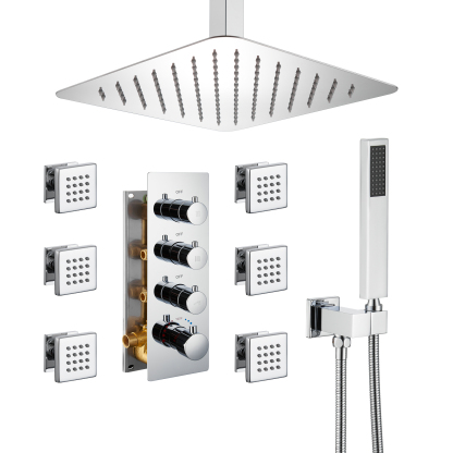 CH-Mondawe Ceiling Mount Thermostatic Rainfall Shower System Set with Hand Held Shower Head and 6 Body Jets-Mondawe
