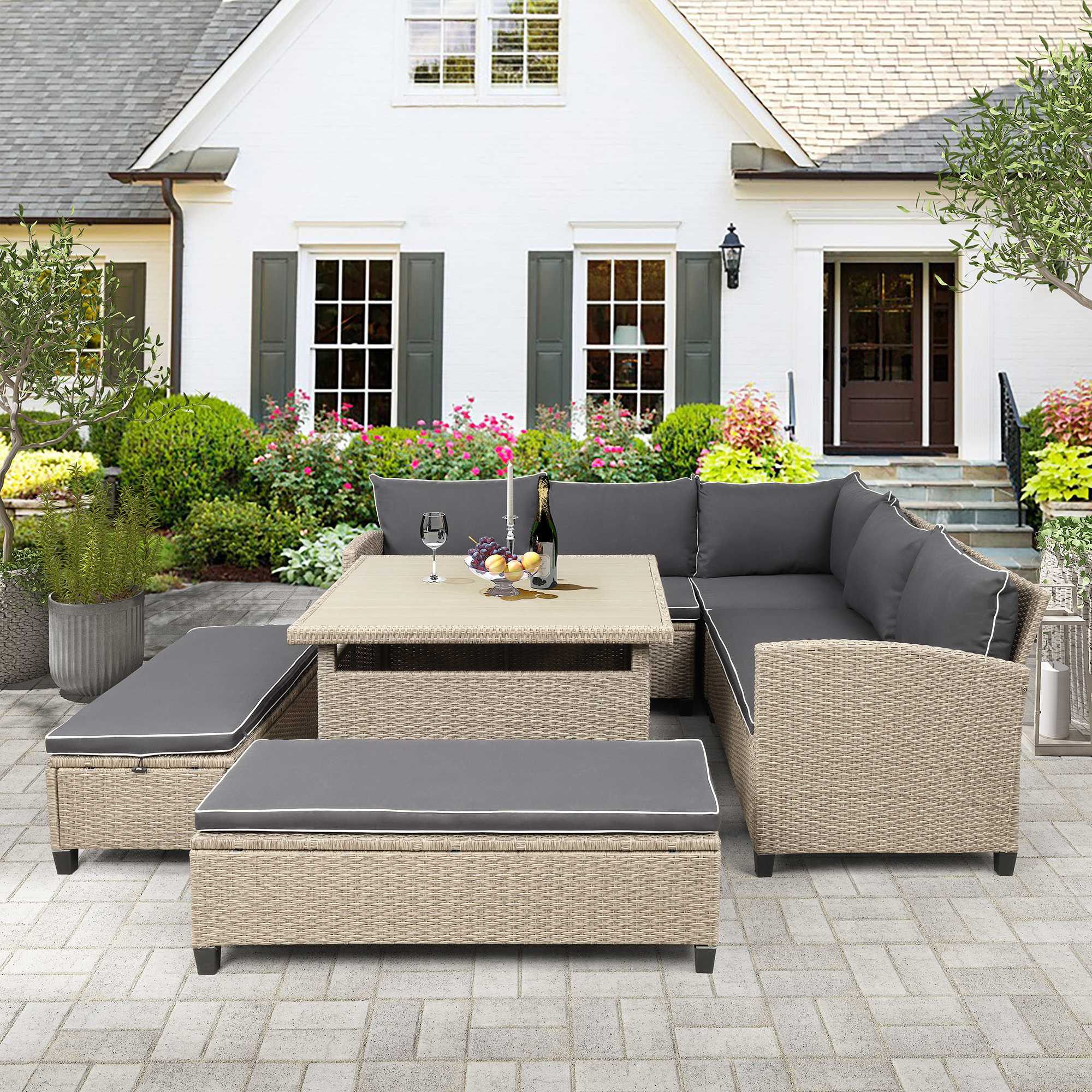 Mondawe 6 Pcs Patio Furniture Set Outdoor Wicker Rattan Sectional Sofa with Table and Benches for Backyard Garden Poolside-Mondawe