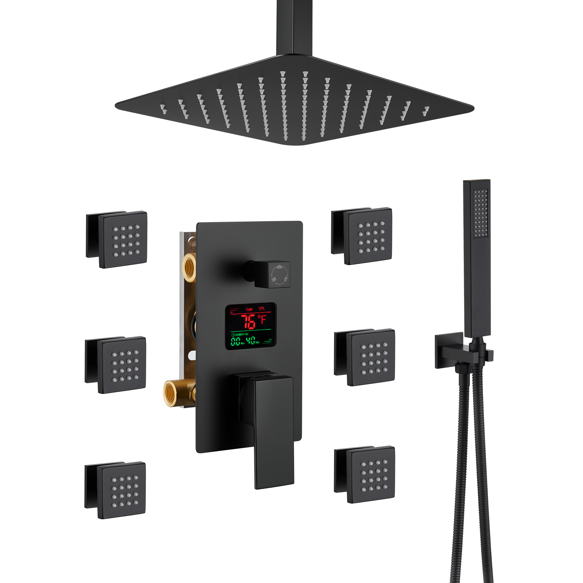 BLACK-Mondawe Ceiling Mount Pressure Balanced Rain Shower System with Handheld Shower, Wall Body Jets and Digital Display-Mondawe