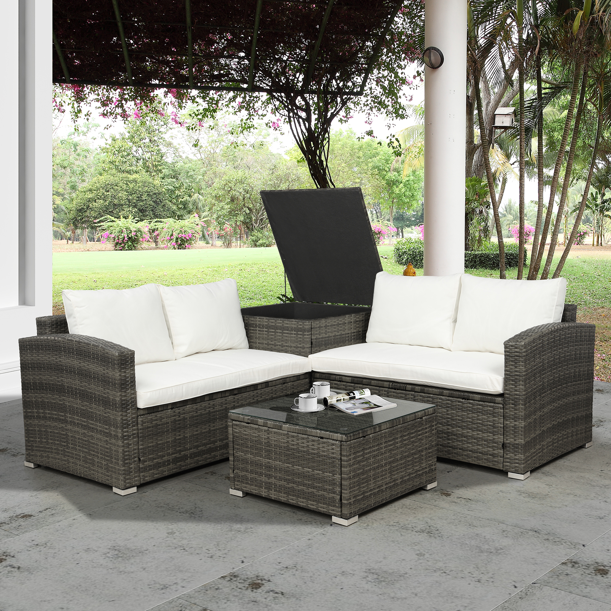 Mondawe 4 PCS Outdoor Cushioned PE Rattan Wicker Sectional Sofa Set Garden Patio Furniture Set (Beige Cushion)-Mondawe