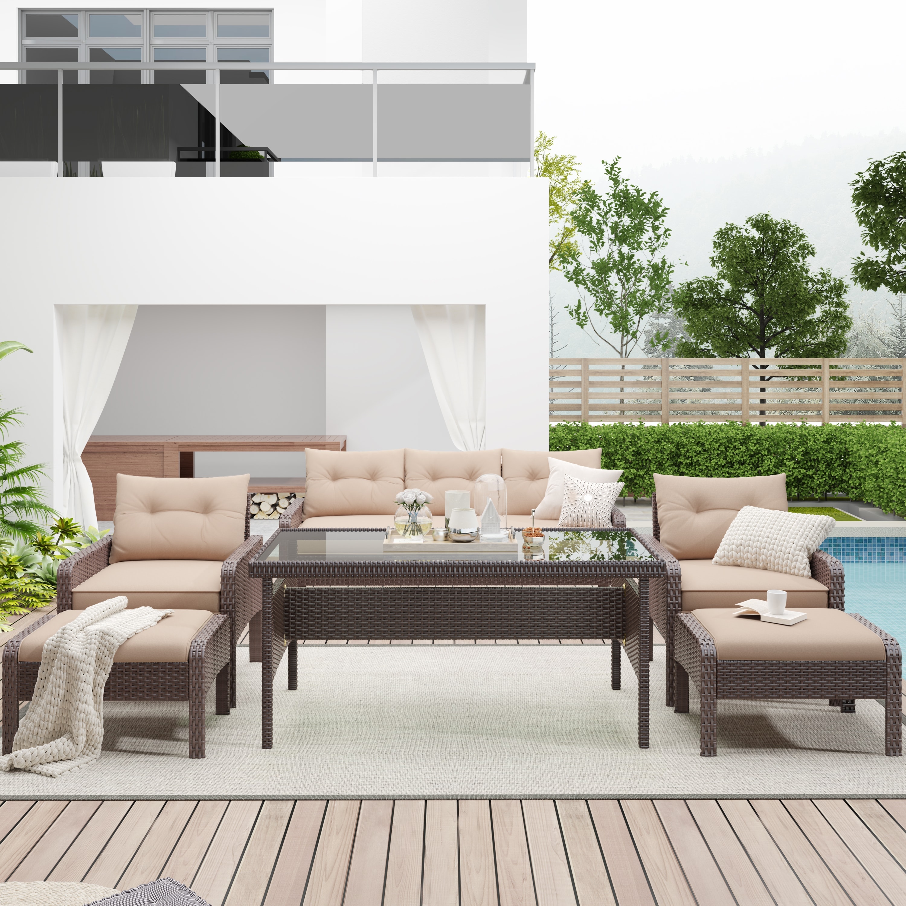 Mondawe 6-Piece Outdoor Patio PE Wicker Rattan Sofa Set Dining Table Set with Removable Cushions and Tempered Glass Tea Table for Backyard, Poolside Deck Brown Wicker+Light Coffee Cushion-Mondawe
