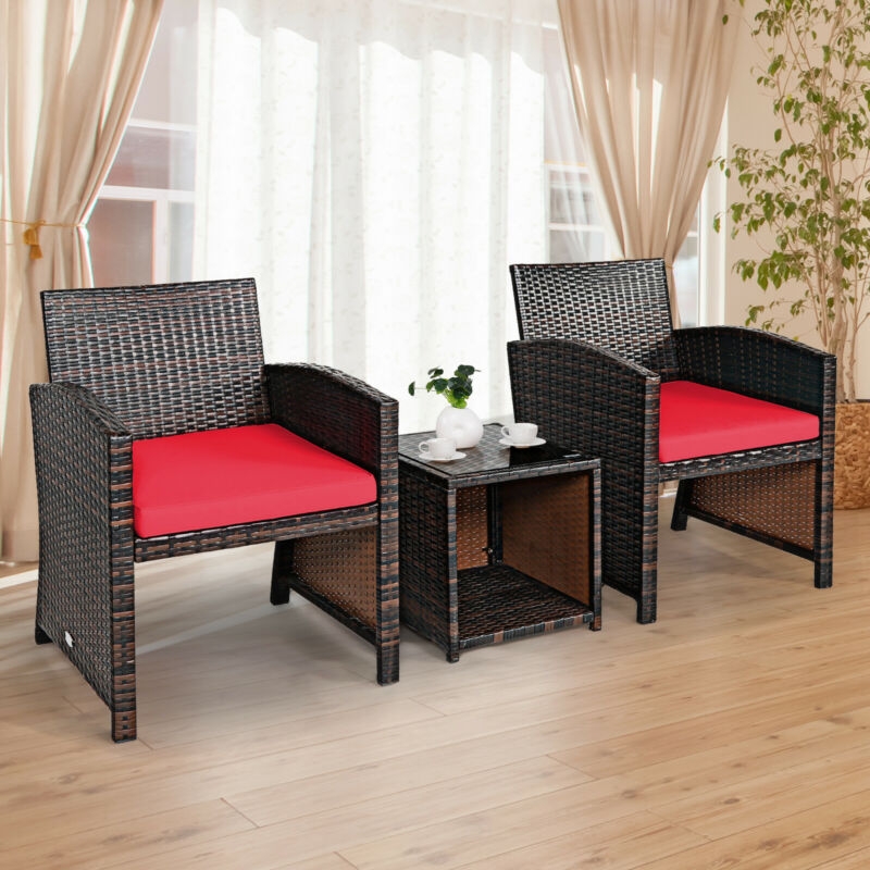 Mondawe 3 Pieces PE Rattan Wicker Furniture Set with Cushion Sofa Coffee Table for Garden-Red-Mondawe