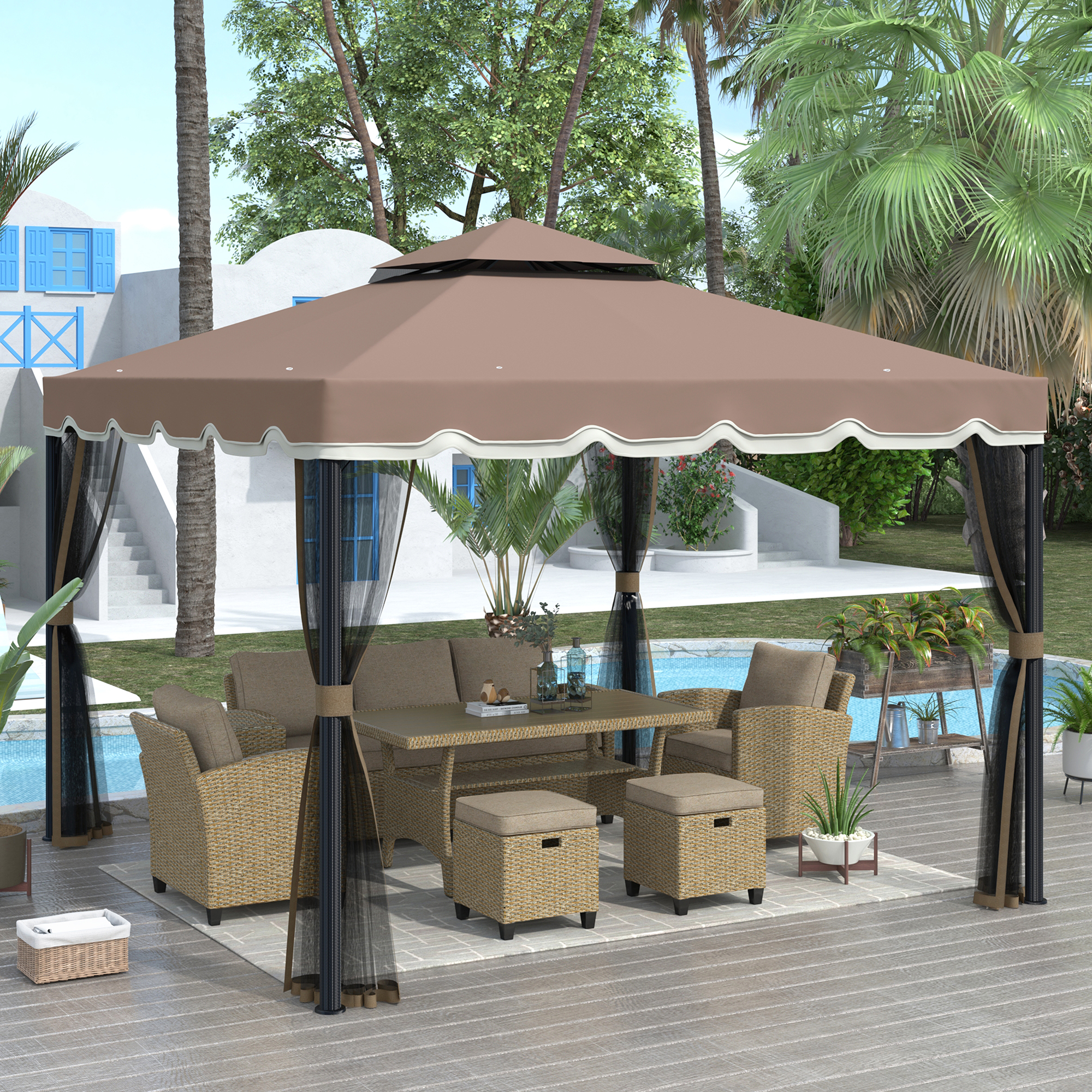Mondawe 9.8Ft. Wx9.8Ft.L Outdoor Iron Vented Dome Top Patio Gazebo with Netting for Backyard Poolside and Deck Brown-Mondawe