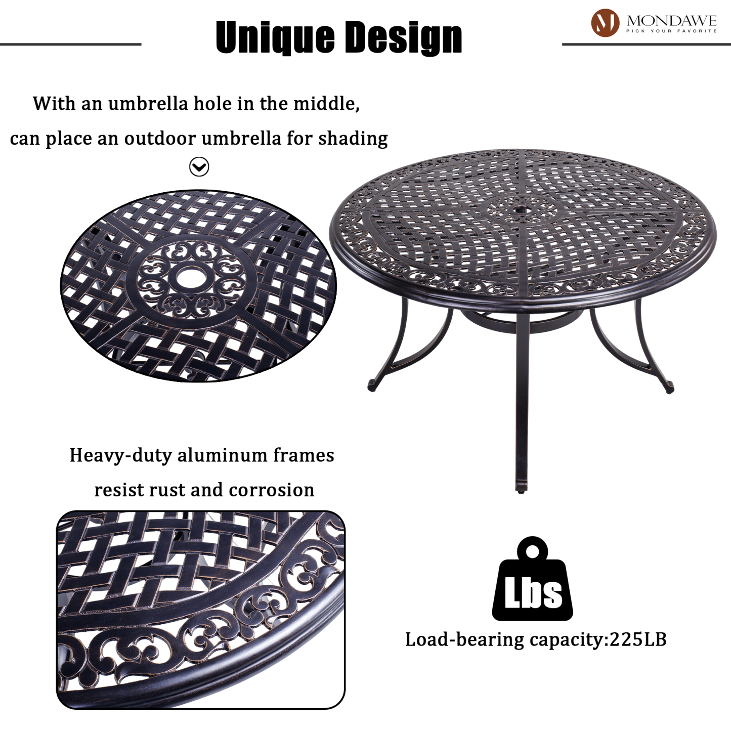 Mondawe 5PCS Patio Furniture 28" H Cast Aluminum Round Table Dining Sets with Umbrella Hole-Mondawe