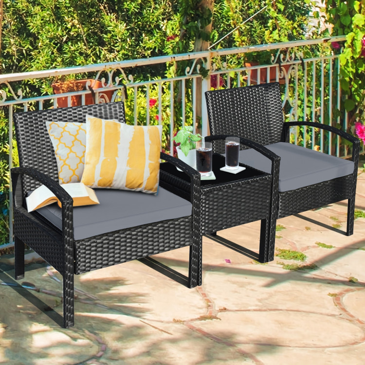 Mondawe 3 Pieces Outdoor Rattan Patio Conversation Set with Seat Cushions-Red-Mondawe