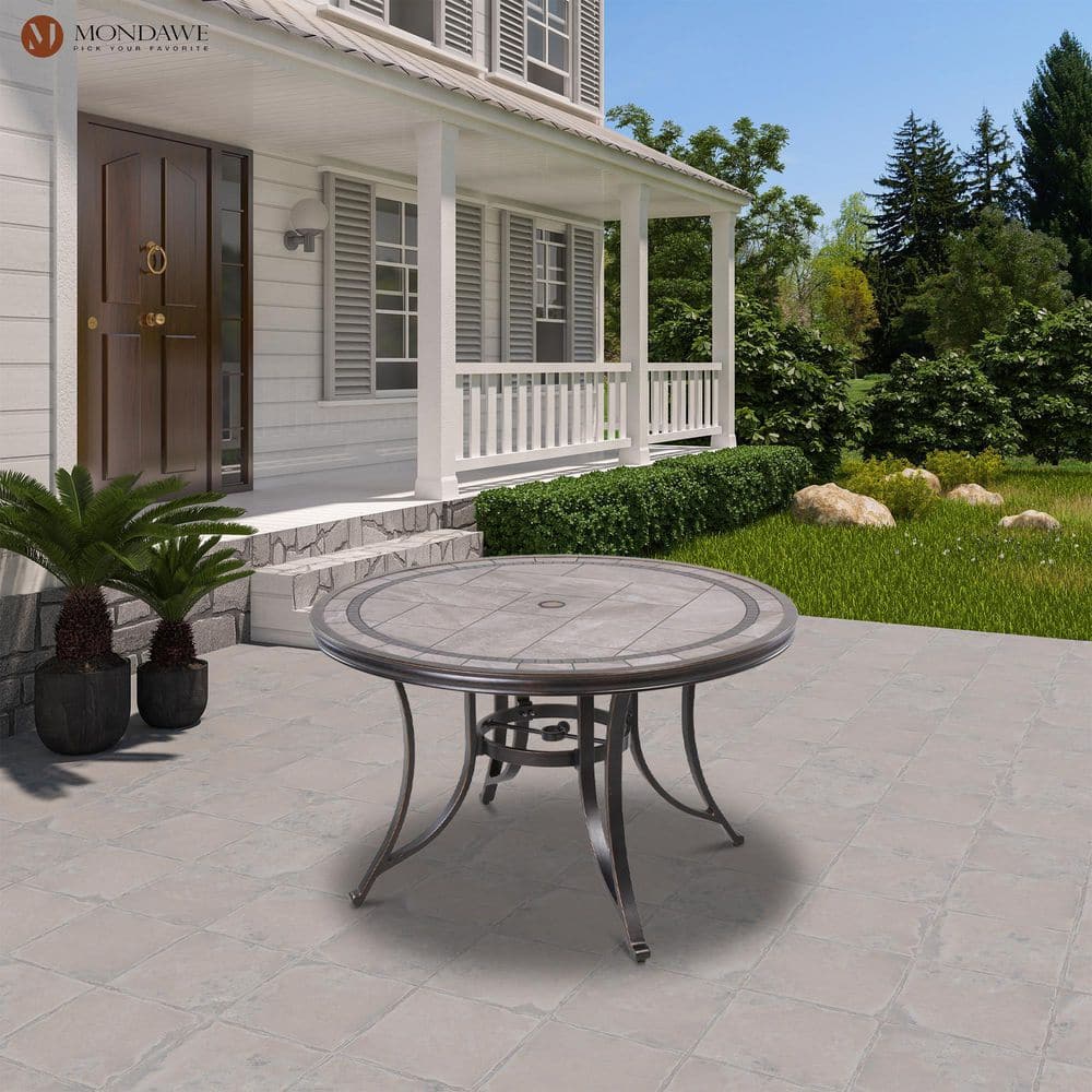 Mondawe Round Aluminum 28 in. Outdoor Patio Tile-Top Dining Table with 2.36 in. Umbrella Hole-Mondawe