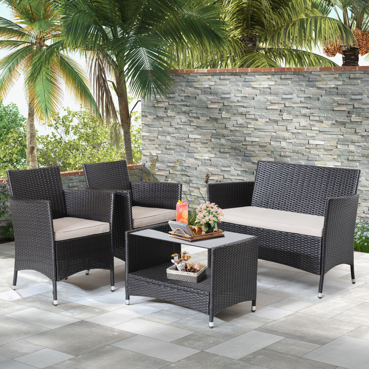 Mondawe 4 Pieces Patio Rattan Conversation Set with Soft Cushions and Tempered Glass Tabletop-Mondawe