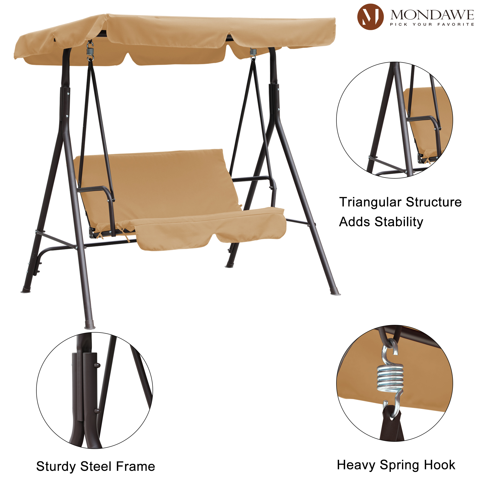 Mondawe Steel 2-Person Outdoor Canopy Swing Patio Swing Chair Porch Swing with Removable Cushion and Convertible Canopy-Mondawe