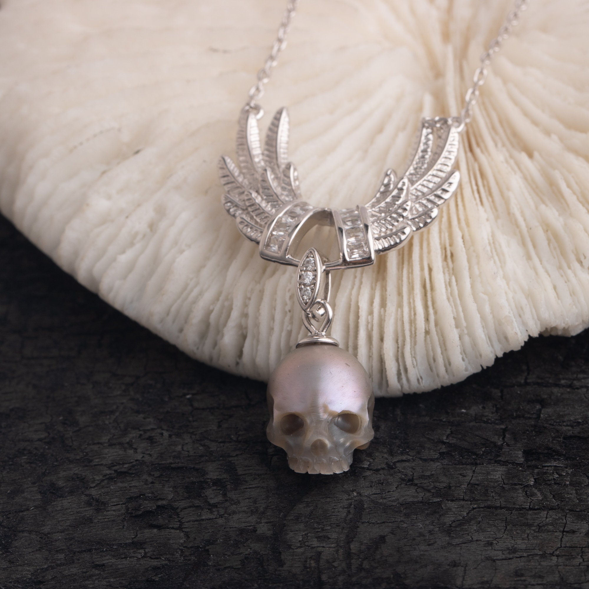 Flying Wings Pearl Skull Necklace-Vigg Jewelry