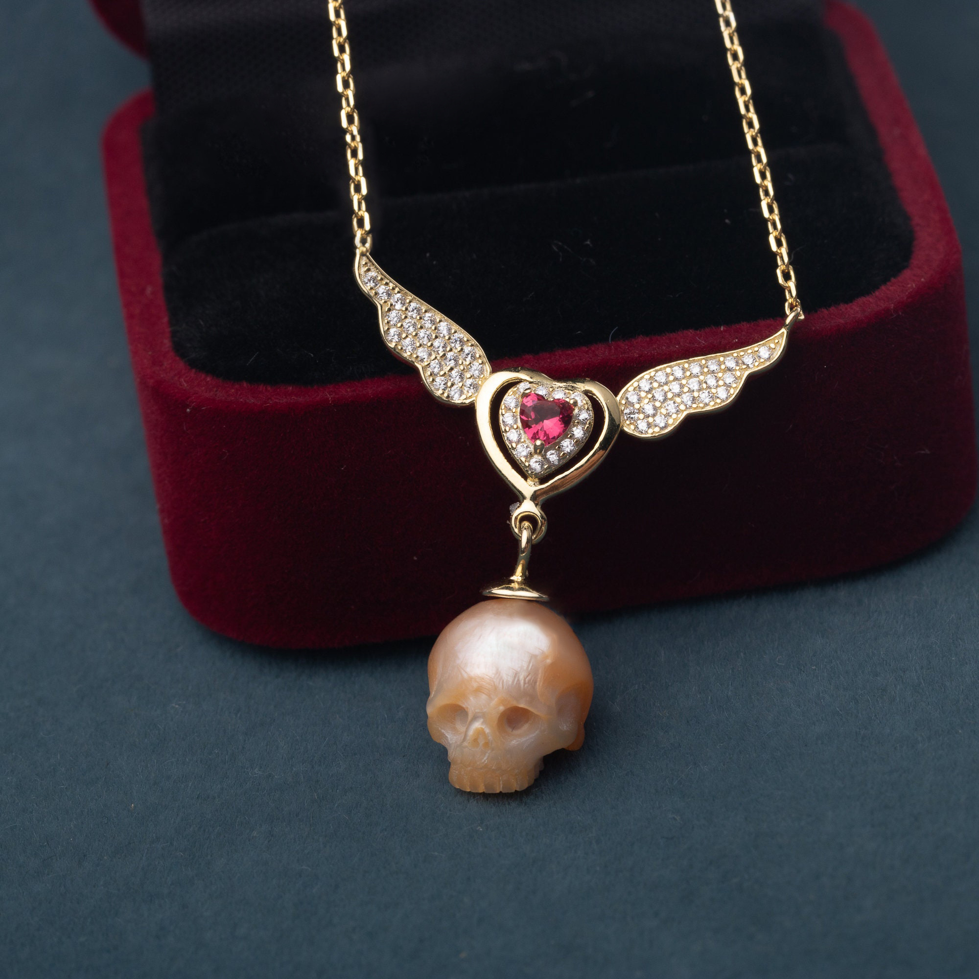 Brave Heart Wings Pearl Skull Necklace-Vigg Jewelry