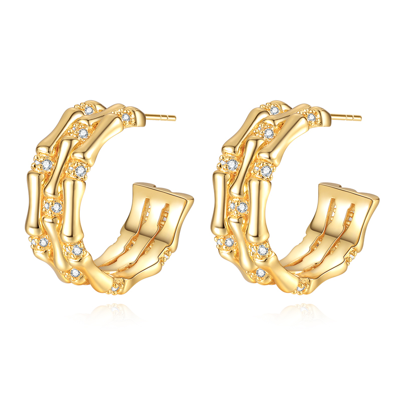 VIGG 18K Gold Plated C-shaped Bamboo Earrings-Vigg Jewelry