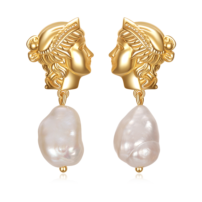 VIGG 18K Gold Plated Baroque Freshwater Pearl Statue of Liberty Earrings-Vigg Jewelry