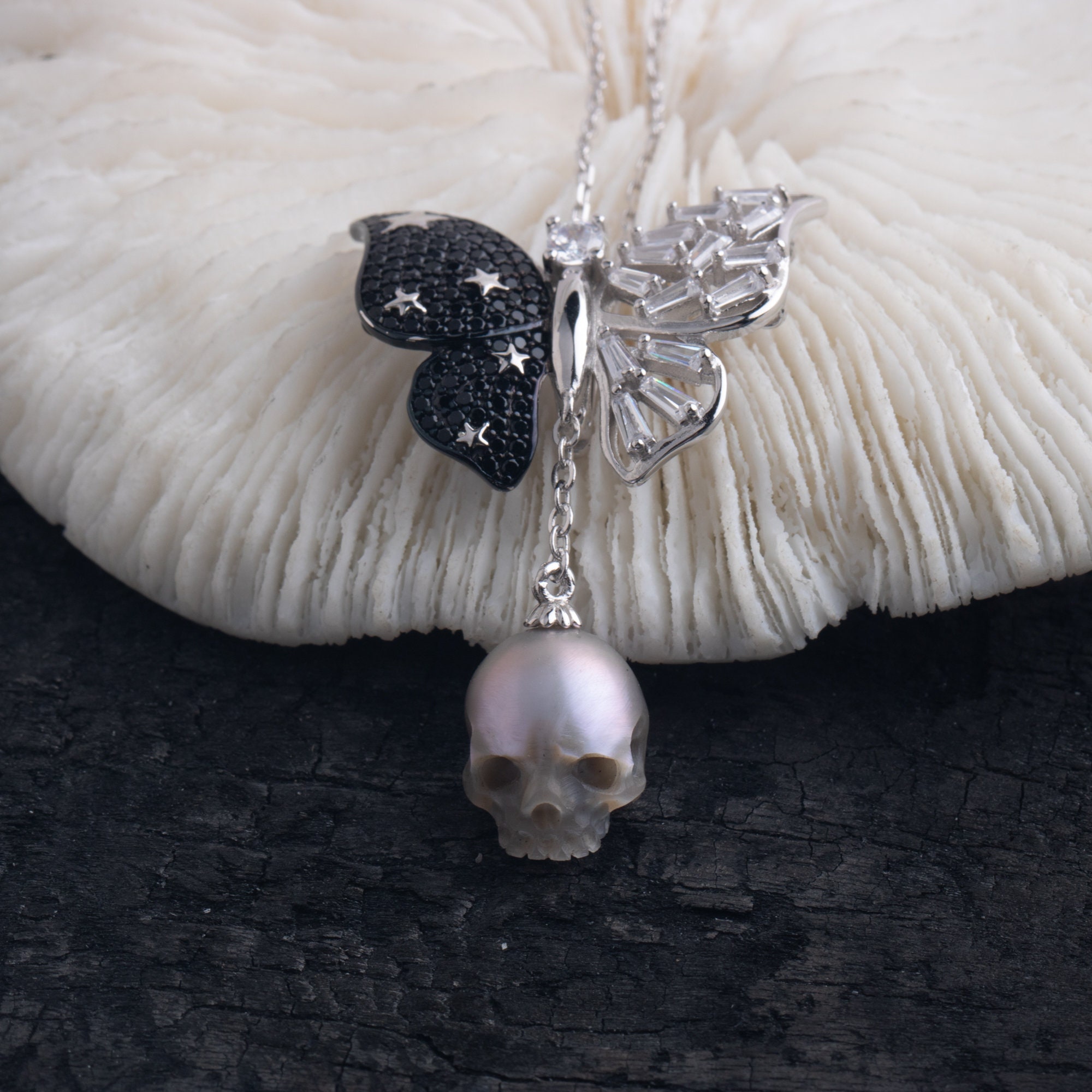 Fashion Butterfly Pearl Skull Necklace-Vigg Jewelry