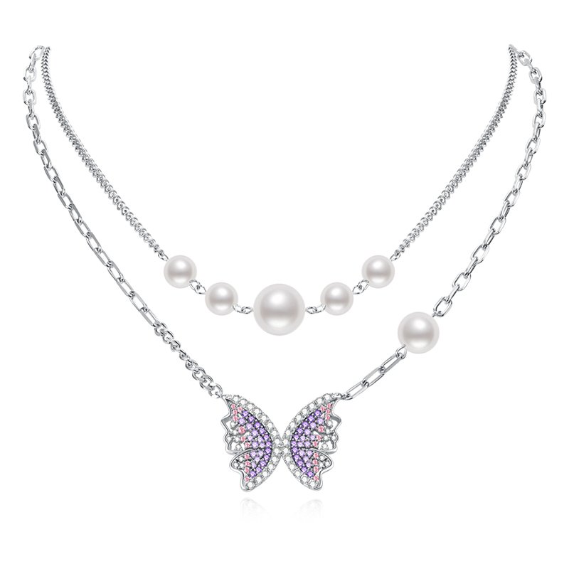VIGG Purple Butterfly Pearl Necklace Set-Vigg Jewelry