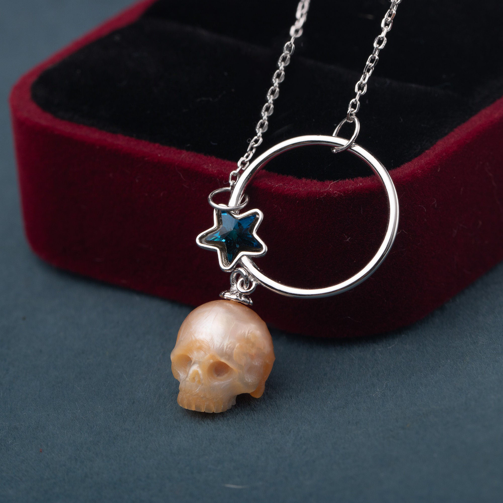 Blue Star Pearl Skull Necklace-Vigg Jewelry