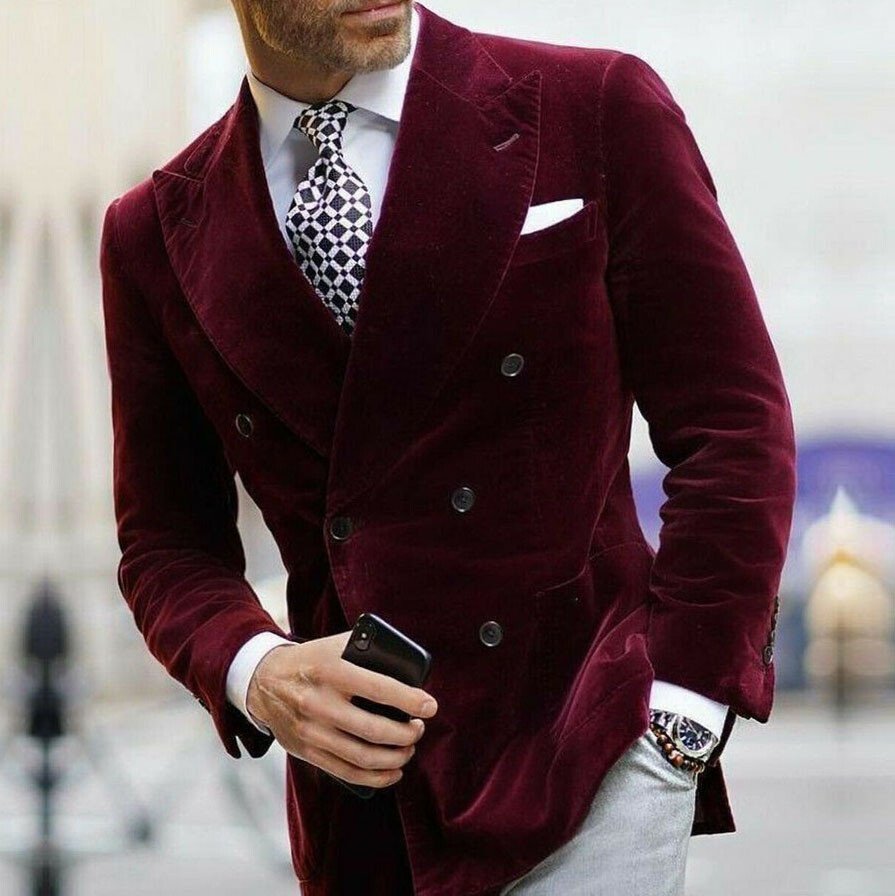 maroon double breasted suit