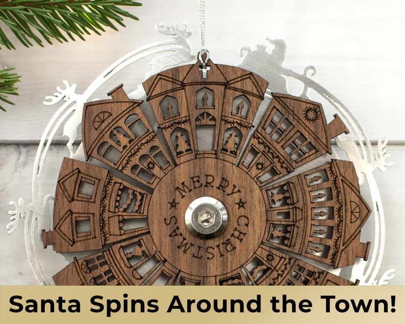 Unique Christmas Ornament with Spinning Santa Over Town