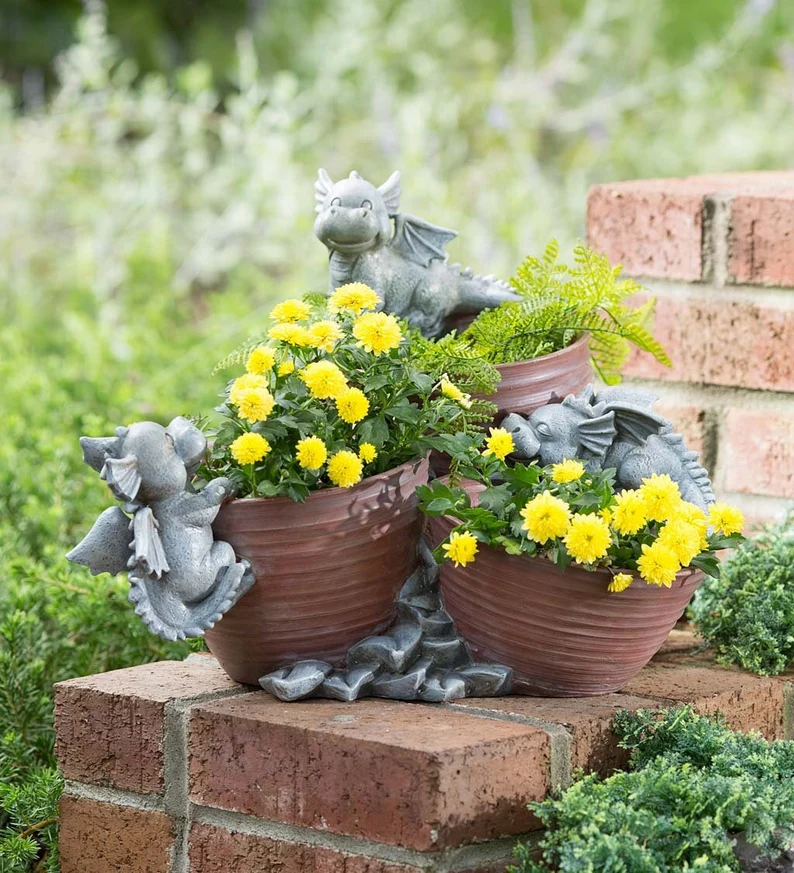 Dragon Baby Statue with Three Flowerpots Garden Decoration