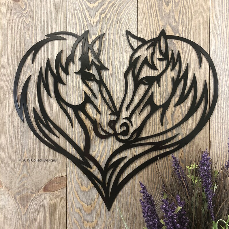Horse Heads Heart Metal Wall Art, Whimsical Horse Head Metal Art, Metal Horse Wall Art, Horse Lover Gift