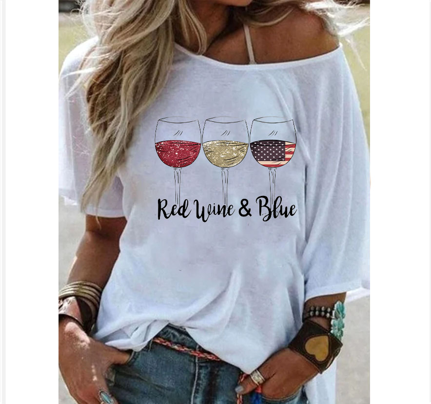 Red Wine&Blue Casual OffShoulder TShirt