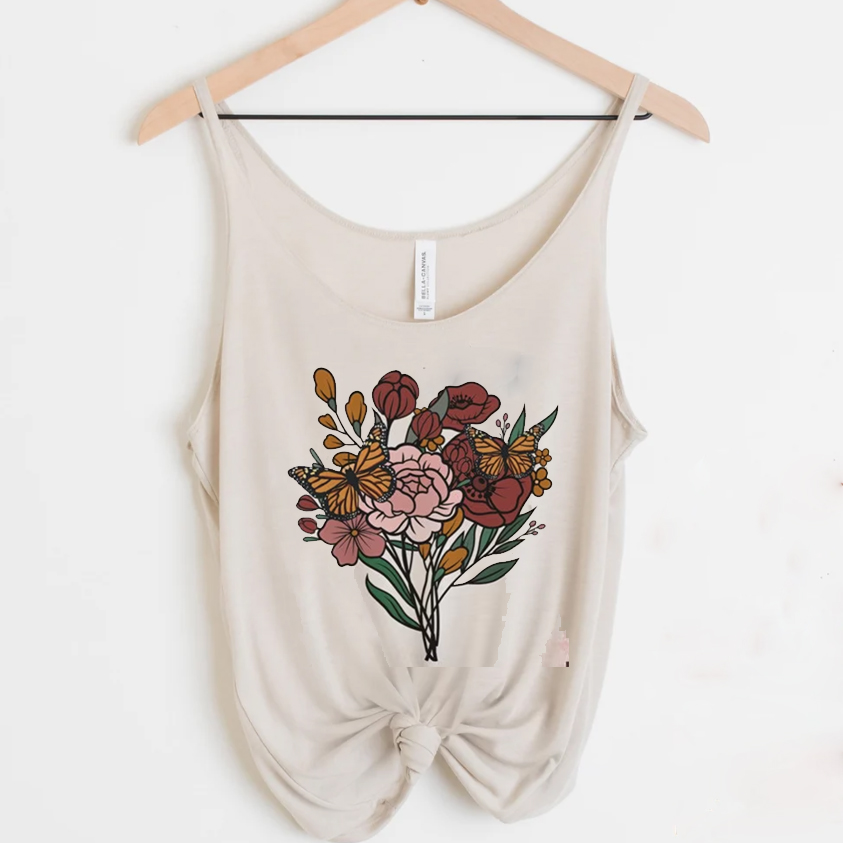 Mauve burgundy floral bouquet and monarch butterfly tank top