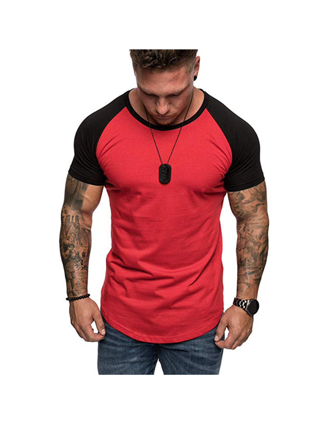 Men's Raglan Sleeve Color Block Short Sleeve T-Shirt Soft Breathable