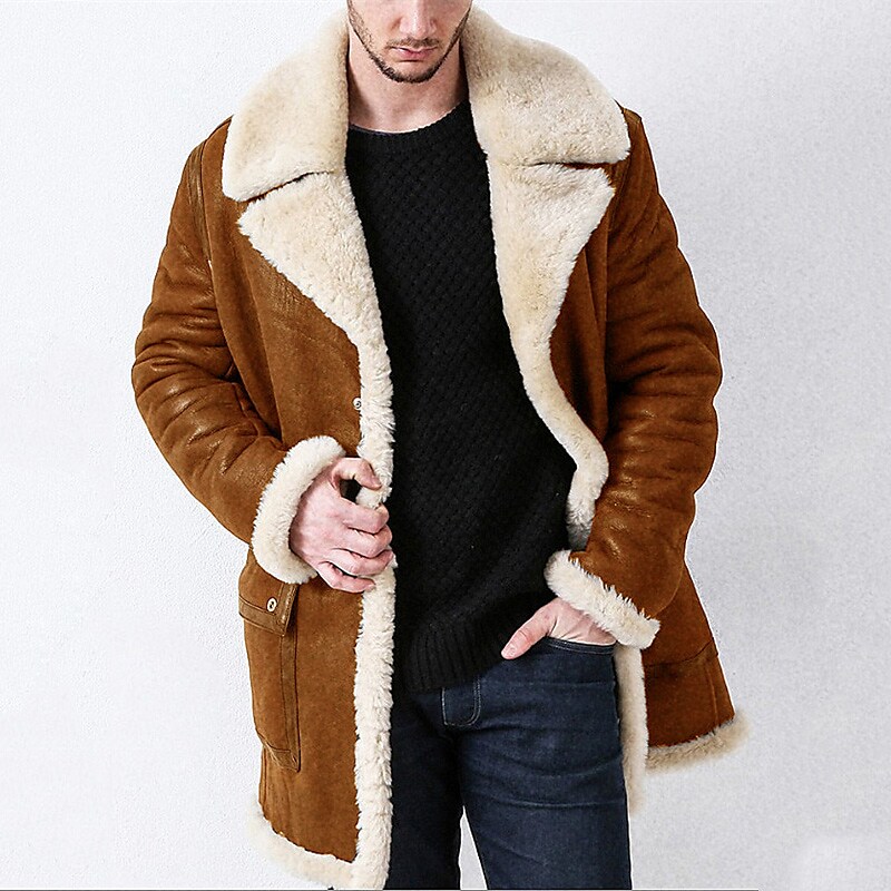 Men's Faux Leather Single Breasted Faux Fur Trim Shearling Coat
