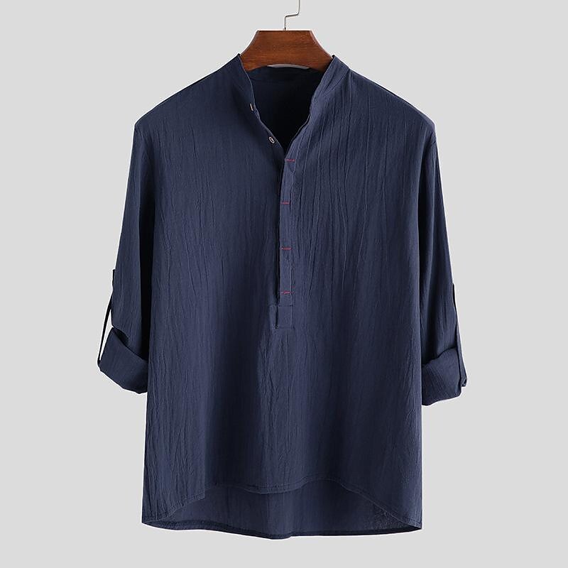Men's Solid Color Simple Loose Stand Collar Cotton Linen Long Sleeve Shirt