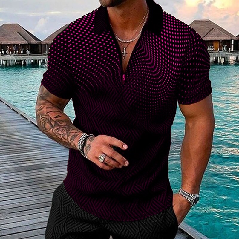 Men's Polka Dot Turndown Street Casual Short Sleeve Zipper Polo T Shirt