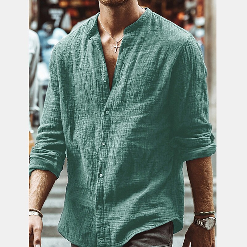 Men's Shirt Solid Color Henley Daily Button-Down Long Sleeve