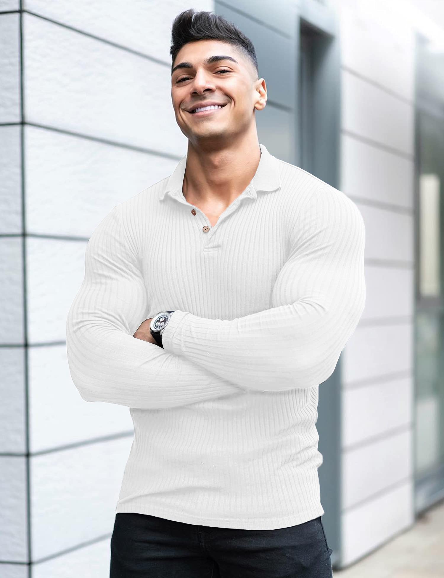 Men's Muscle Ribbed Texture Solid Color Long Sleeve Polo Shirt