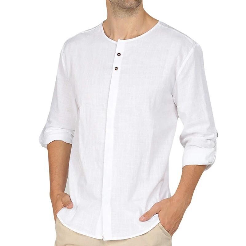 Men's Cotton Linen Solid Color Long Sleeve Shirt