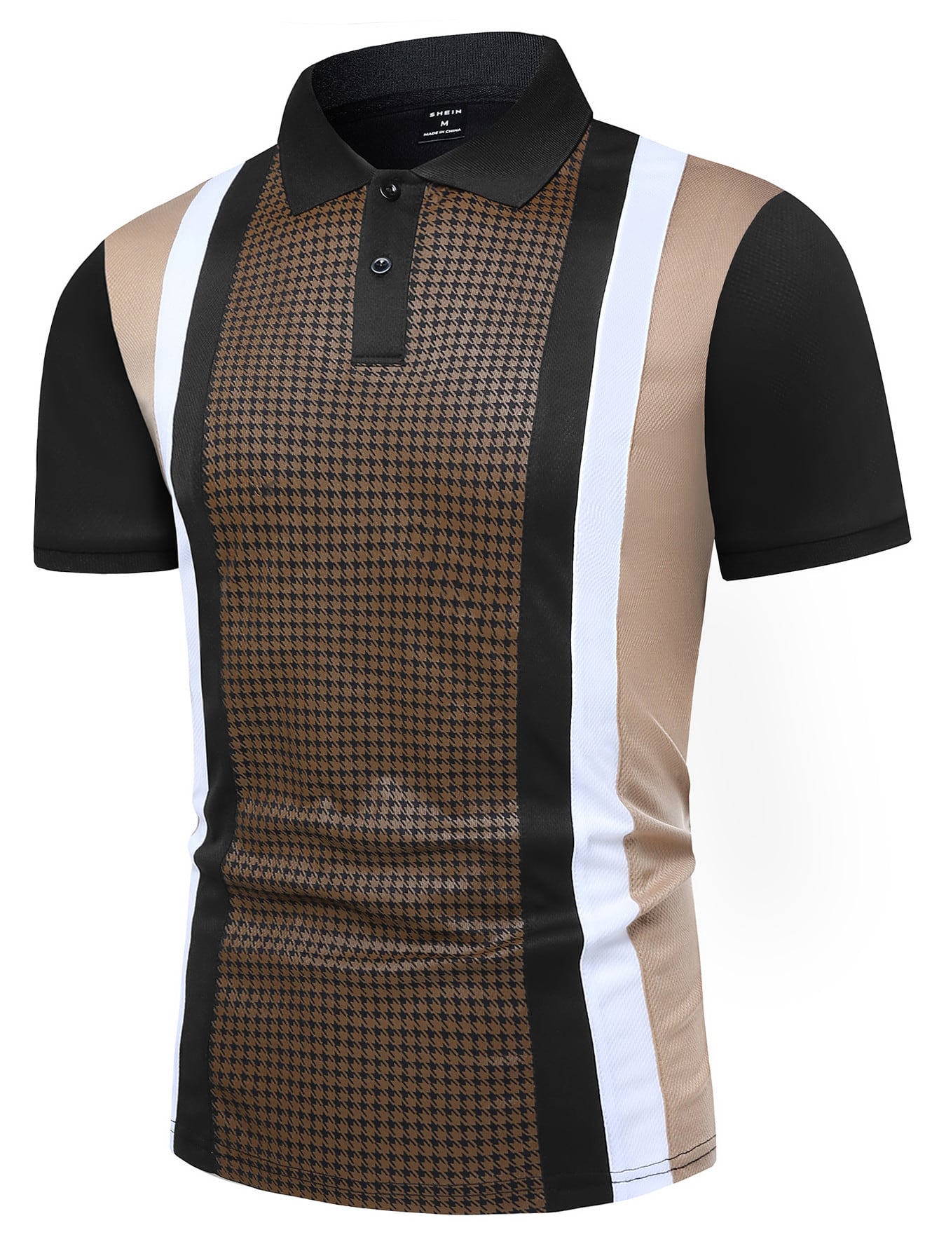 Men Color Block Houndstooth Print Polo Shirt