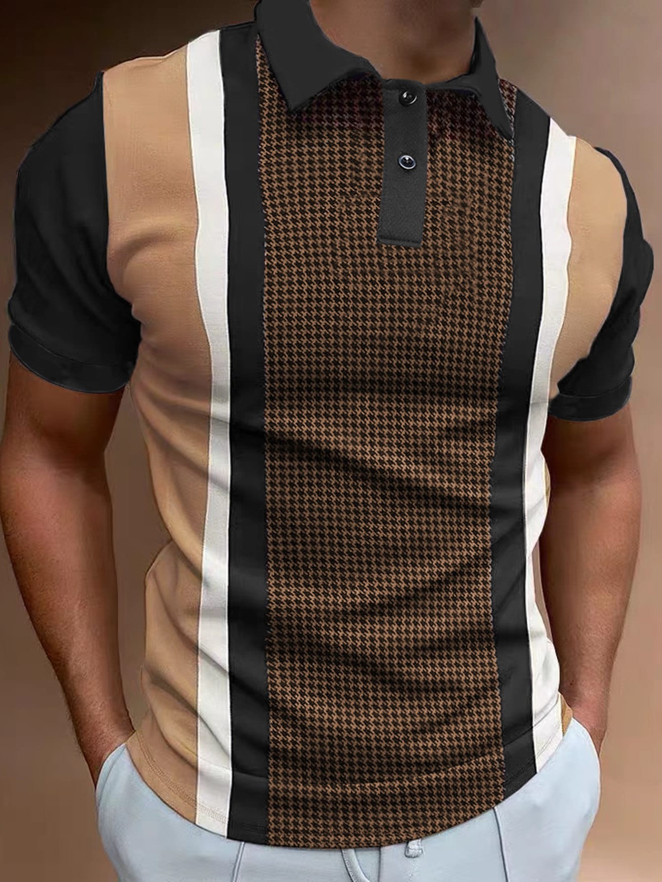 Men Color Block Houndstooth Print Polo Shirt