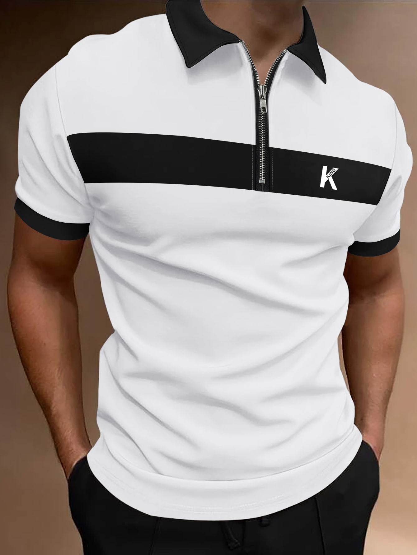 Men Letter Graphic Contrast Collar Quarter Zip Polo Shirt
