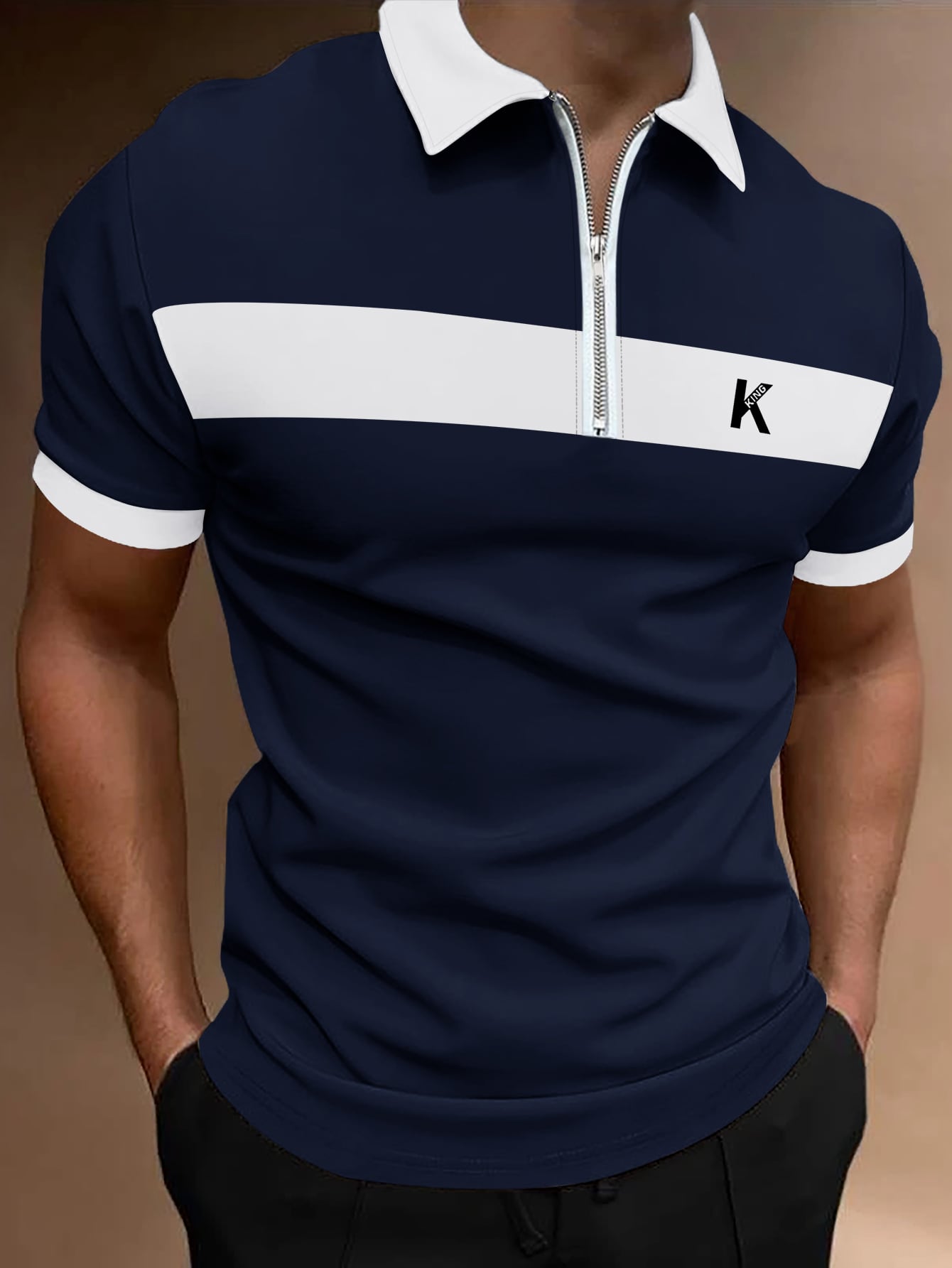 Men Letter Graphic Contrast Collar Quarter Zip Polo Shirt
