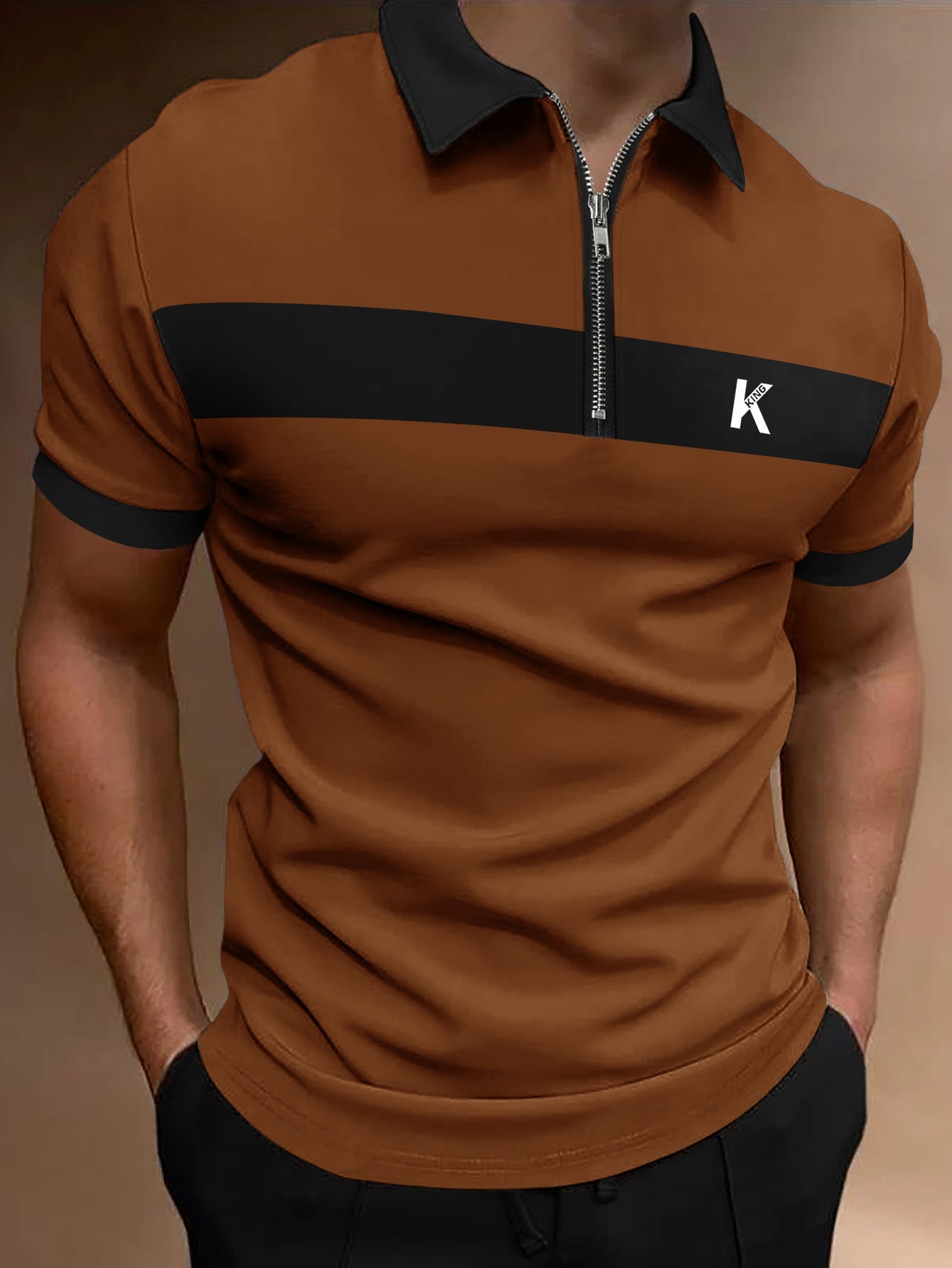 Men Letter Graphic Contrast Collar Quarter Zip Polo Shirt