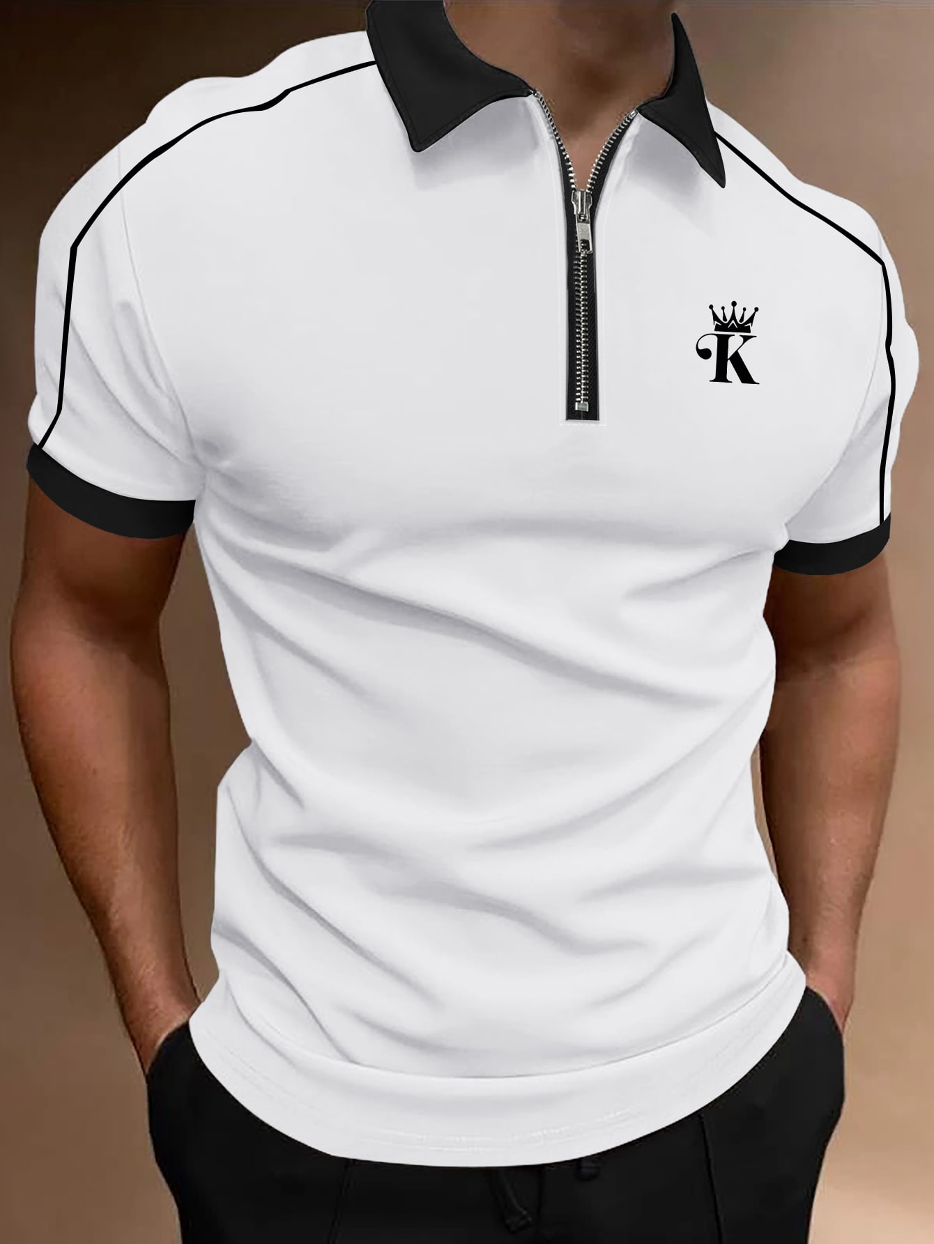 Men Crown & Letter Graphic Quarter Zip Contrast Collar Polo Shirt