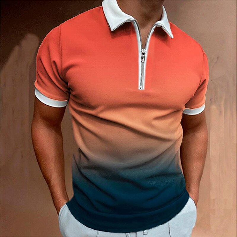 Men's Prints Gradient Casual Zipper Patchwork Short Sleeve Polo T-shirt