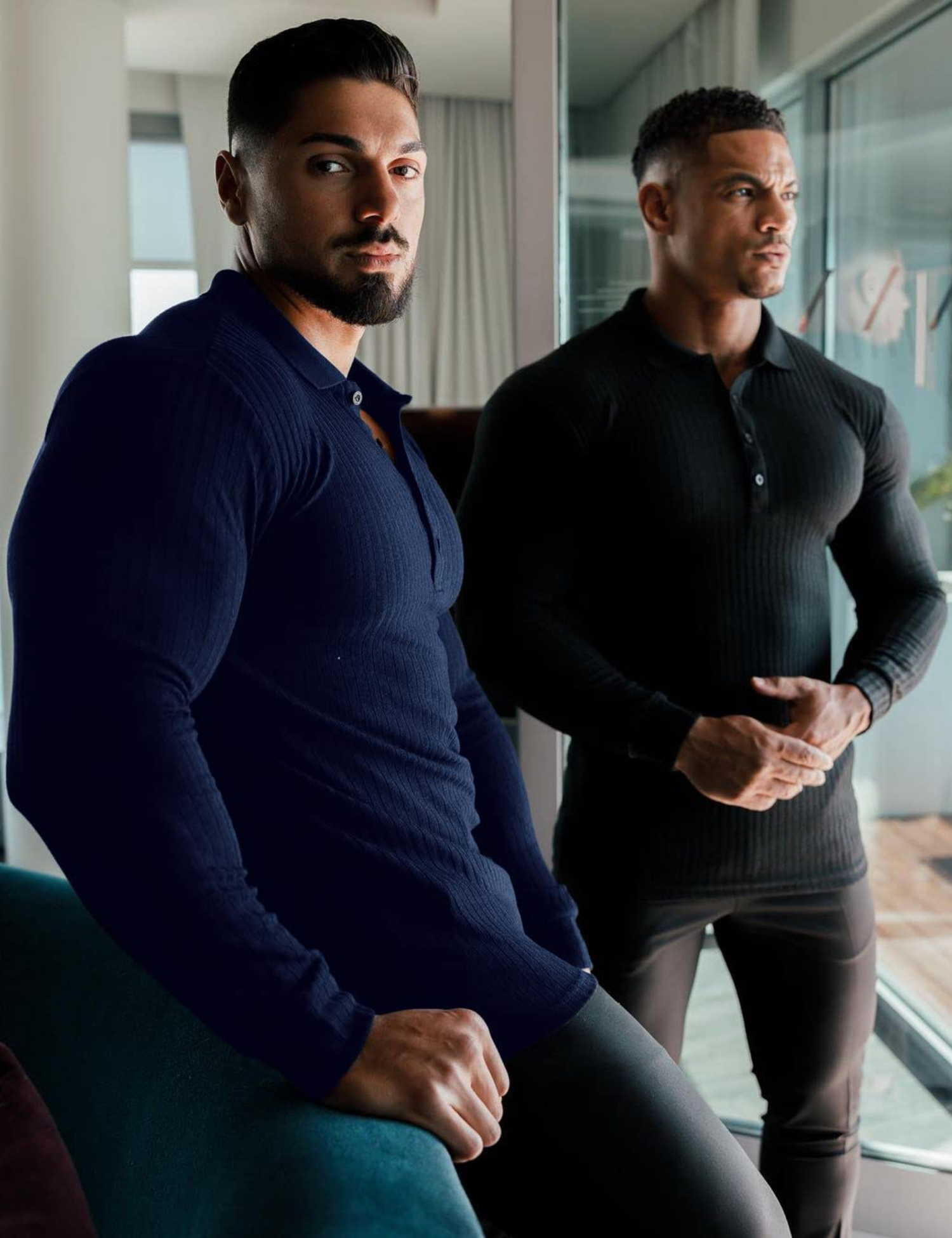 Men's Muscle Ribbed Texture Solid Color Long Sleeve Polo Shirt