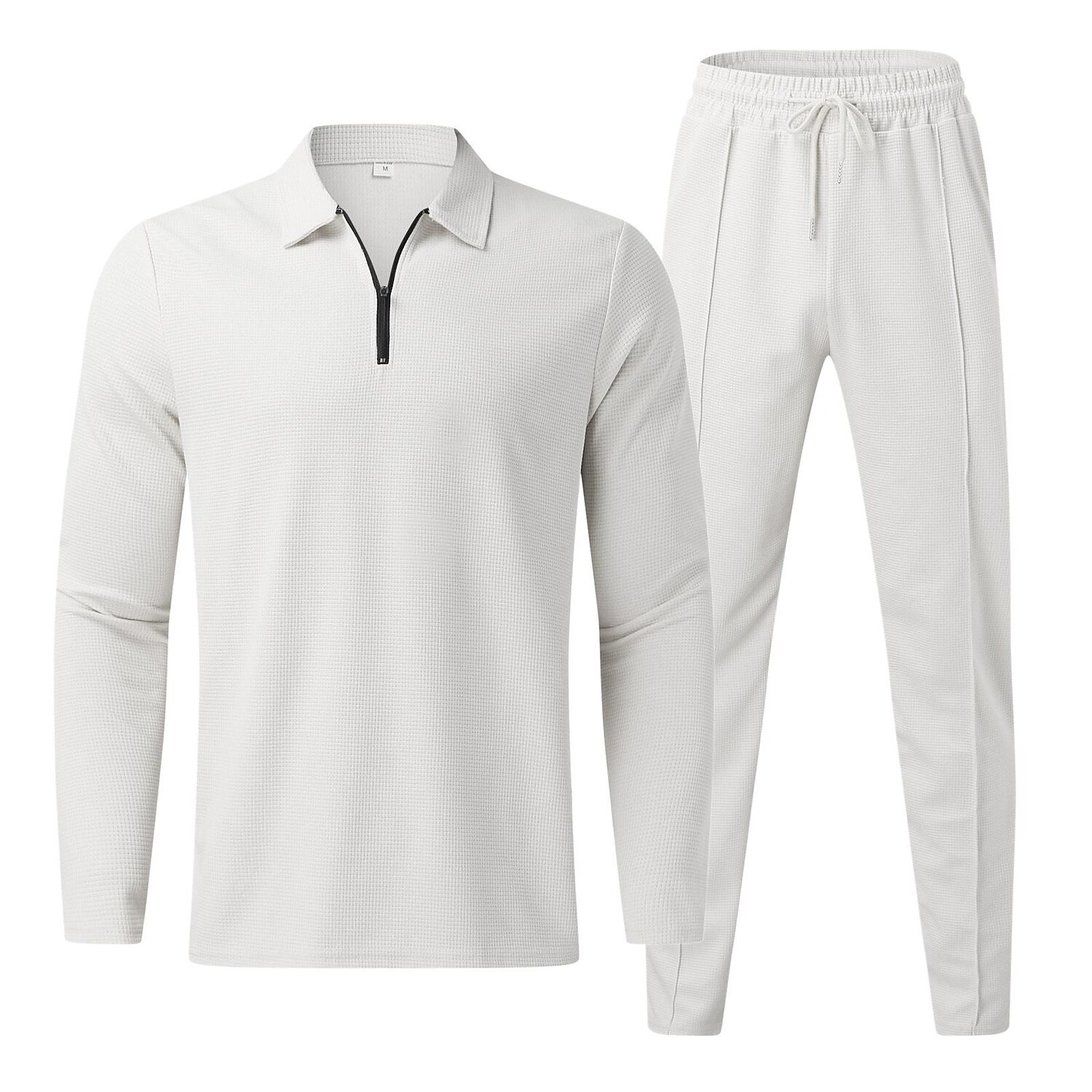 Men's Waffle Set Solid Color Turndown Casual Sports Zipper Long Sleeve Pants Sports Two-Piece Set