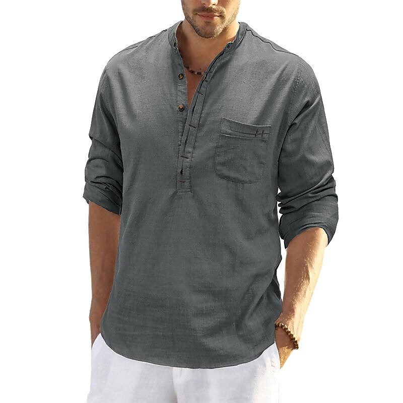 Men's Cotton Linen Slub Cotton Henley Collar Long Sleeve Shirt